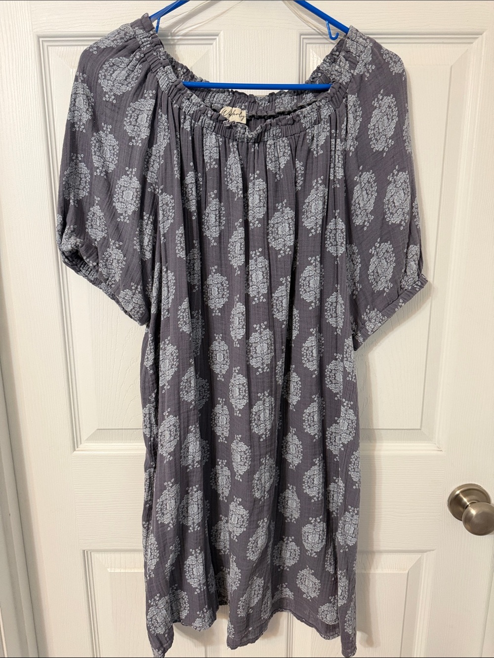 Wonderly Gray Off-Shoulder Tunic with White Medallion Print